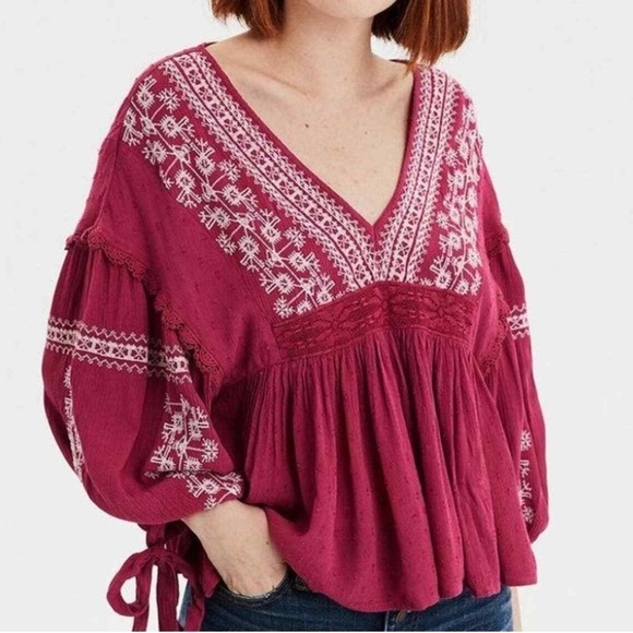 American Eagle pink embroidered boho top tie sleeves size small - Picture 1 of 10